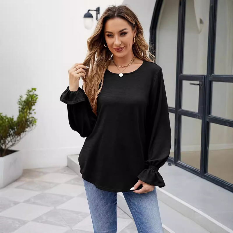 Women's 2024 Autumn/Winter New Casual Solid Color Round Neck Loose Long Sleeve T-Shirt For Women