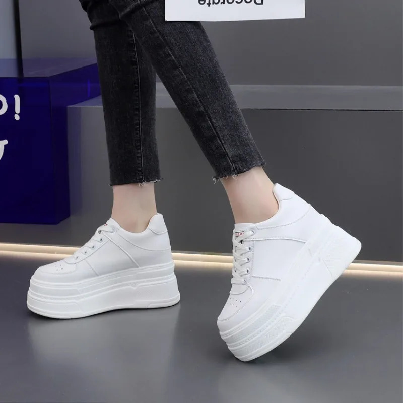 Womens sports shoes Spring Fashion 10CM highly enhanced leather casual shoes white wedge platform shoes Tenis De Mujer 250310