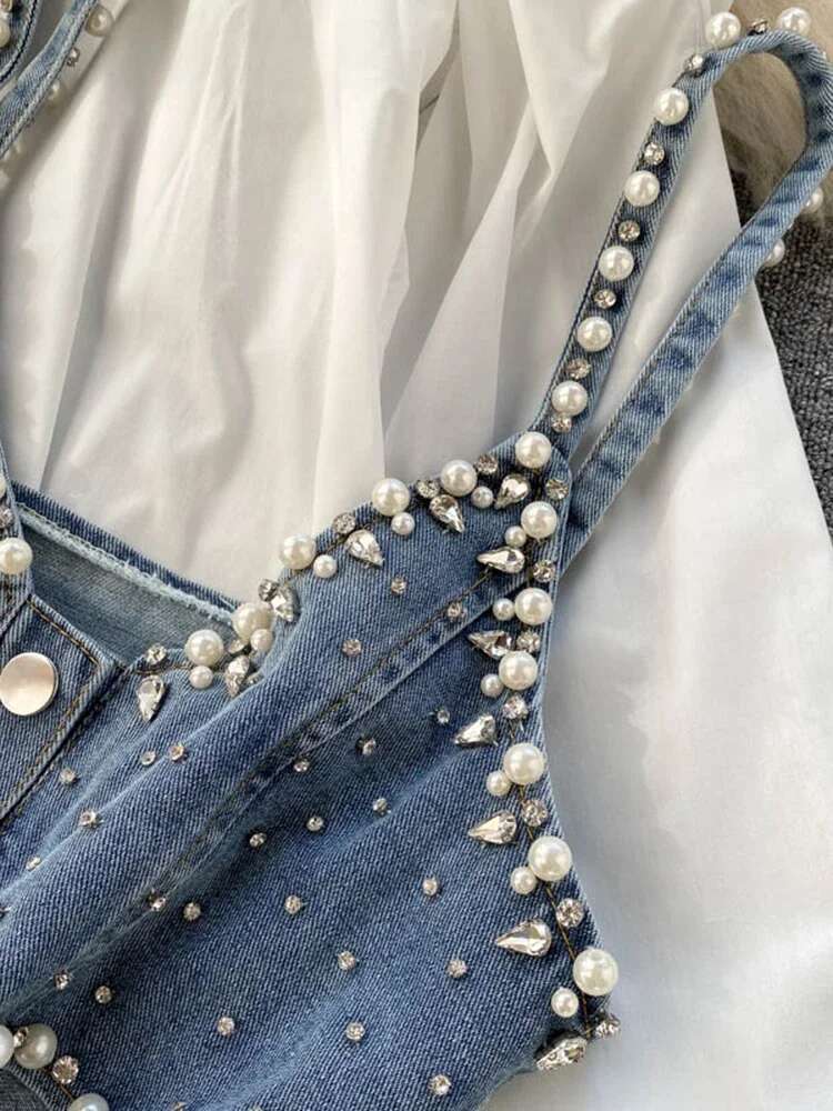 Spring Autumn New Temperament Blouse Female Lapel Beaded Stacking Bead Blusa Sg Waistcoat C Fashion Two-Piece Shirt C814