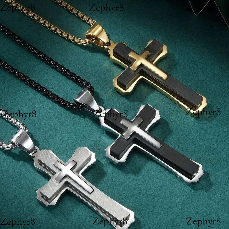 2025 New model Creative Double-layer Cross Hip Hop Necklace for Men Stainless Steel Jewelry Halloween Party Gift