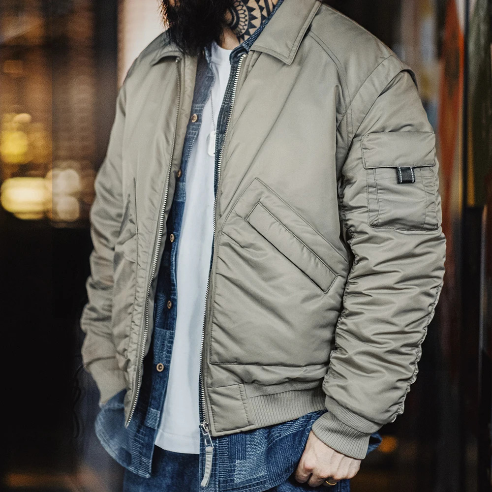 Maden Retro CWU45P Pilot Jacket Grey Green Warm Cotton Lined Flip Collar Casual Mens AutumnWinter 250313