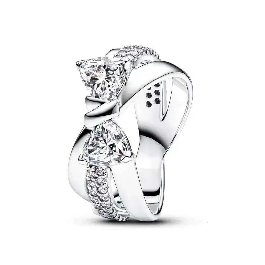 2025 NEW 925 Sterling Silver Sparking Pink Bow Heart Ring Shooting Stars Open Ring Blue Halo Chain Ring Gifts