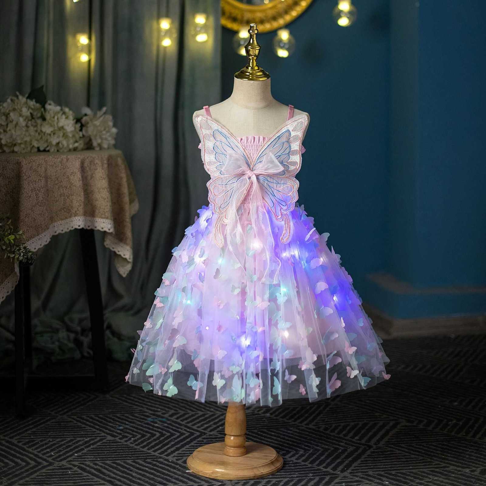 Girl's Dresses Pure cotton butterfly suspender girls' dress with bubble sleeves and colorful lights, Frozen princess dress