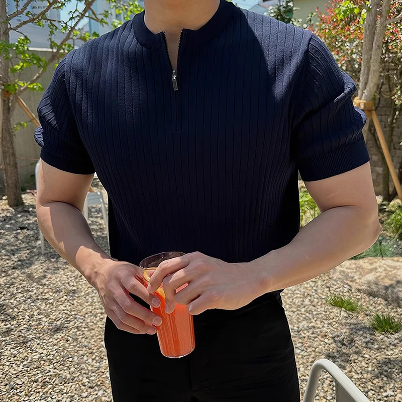 Trendy Mens Slim Short Sleeve Knit Tops Spring Summer Fashion Crew Neck Zipper Knitted Tshirts Men Vintage Solid Color Pullover 250312