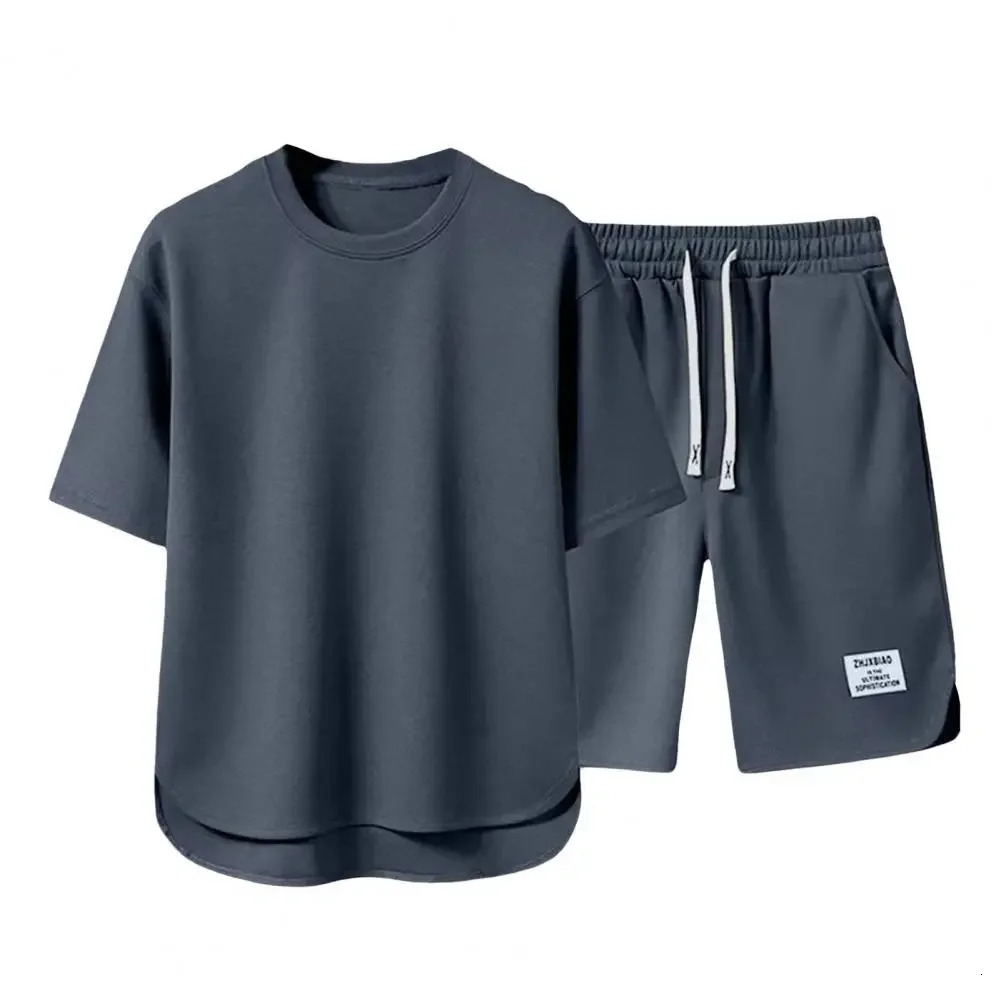 Men Sportswear Set Mens Summer Outfit Set O-neck Short Sleeve T-shirt Drawstring Waist Wide Leg Shorts Activewear Set 2pcs/set 250310