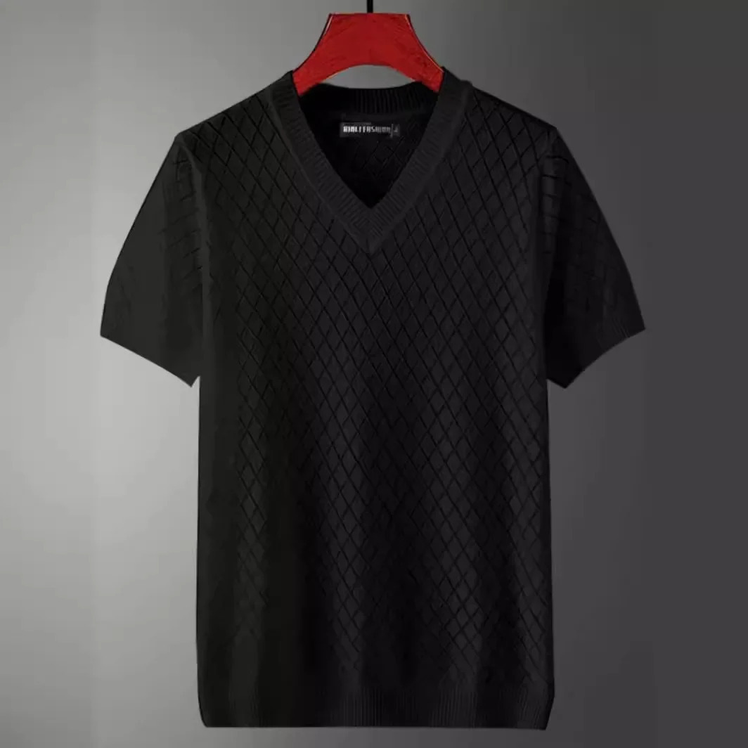 Mens Ice Silk Hollow V-neck T-shirt Top Summer Cool Thin Style Chicken Heart Short Sleeves Knitted Top 250314