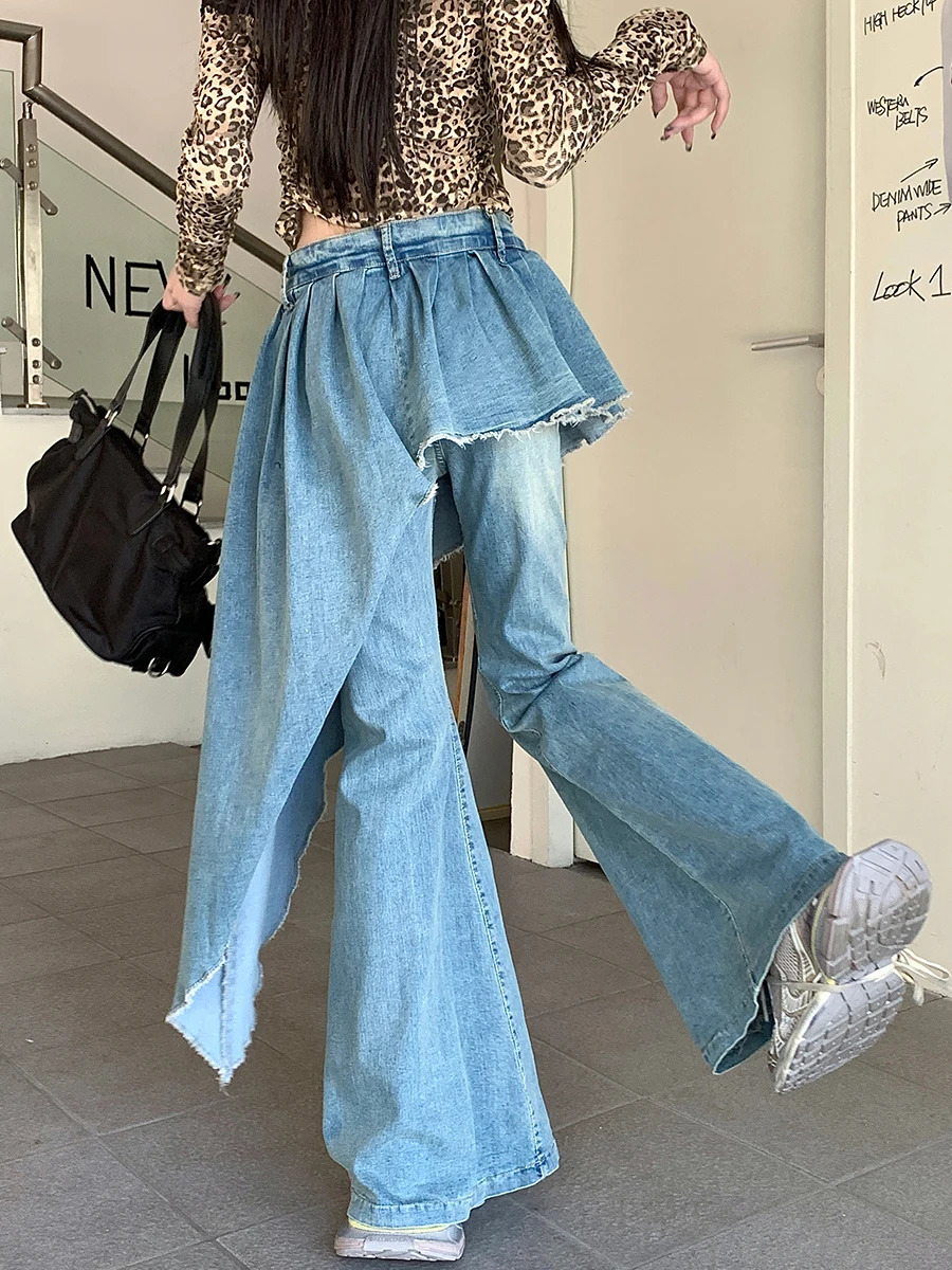 REDDACHiC Twopiece Women Flare Jeans Asymmetric Trailing Skirt Overlay Raw Edge Boot Cut Wide Pants Vintage Y2k Streetwear 250310