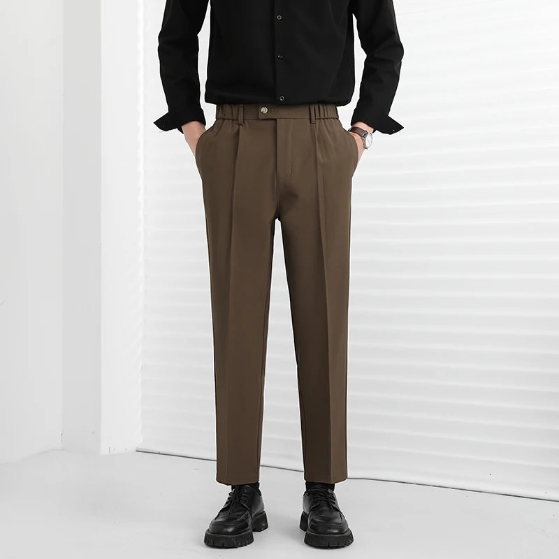 Spring mens suit pants elastic waist solid wide leg dress for office and leisure Japanese chiffon wear 250313
