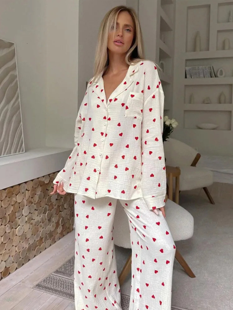 Womens twopiece set of pure cotton collar printed heartshaped full sleeved shirt loose waist pants womens spring pajamas 250313