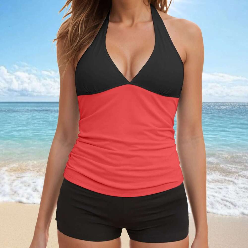 Two-piece swimsuit for women, tankini, V-neck, bare back, Y-shaped shorts, beachwear