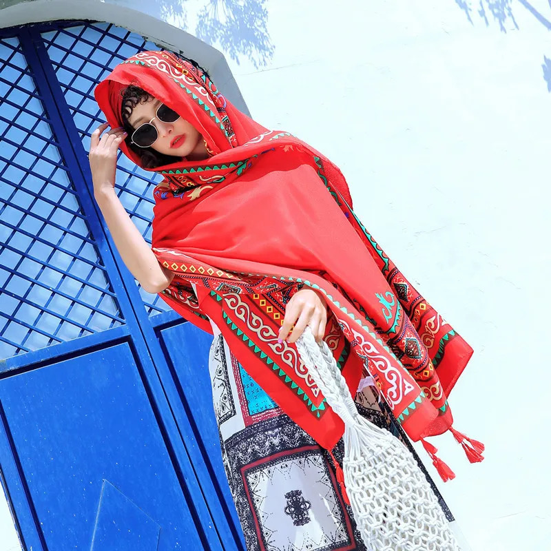 Silk scarf 180cm large long scarf ethnic style travel wear beach towel air-conditioned room shawl retro scarf women 250314
