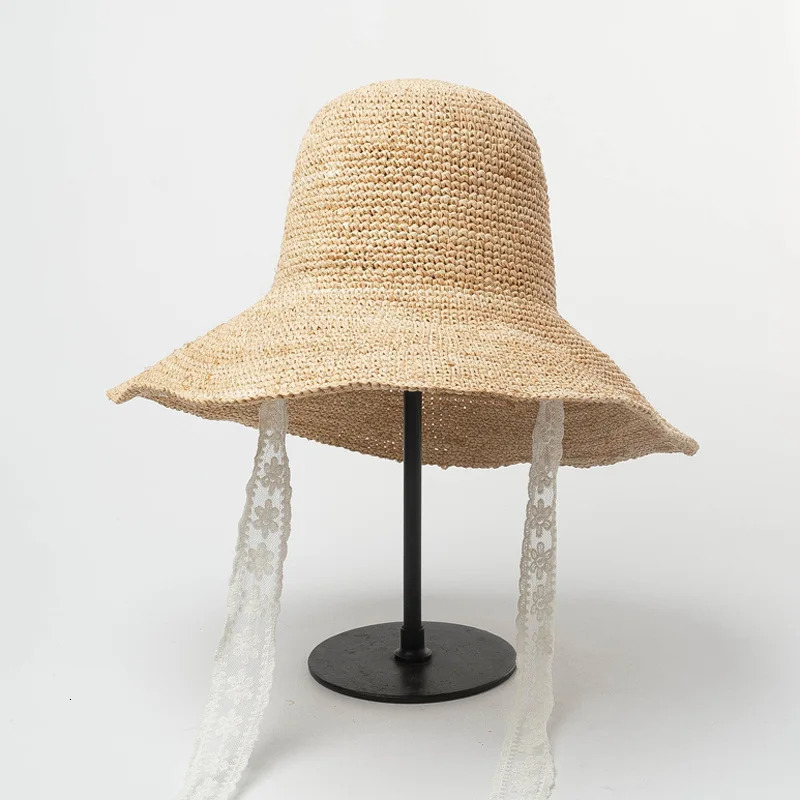 Summer Handmade Natural Lafia White Lace Long Ribbon Waist Beach Womens Bucket Hat Womens Holiday Beach Hat 250314