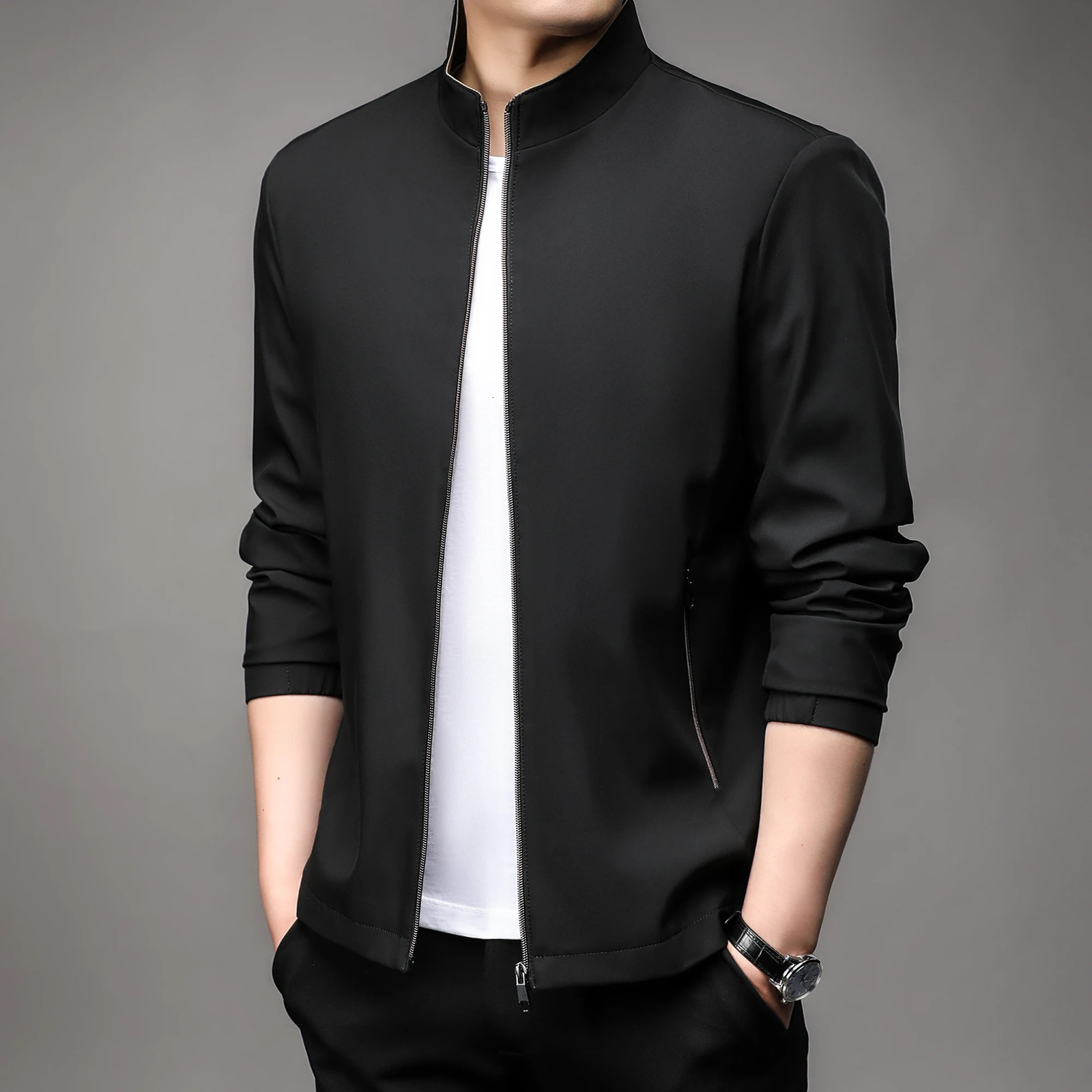 High quality handsome guy springsummer mens business casual jacket solid color fashion no trace stand collar M4XL 250313