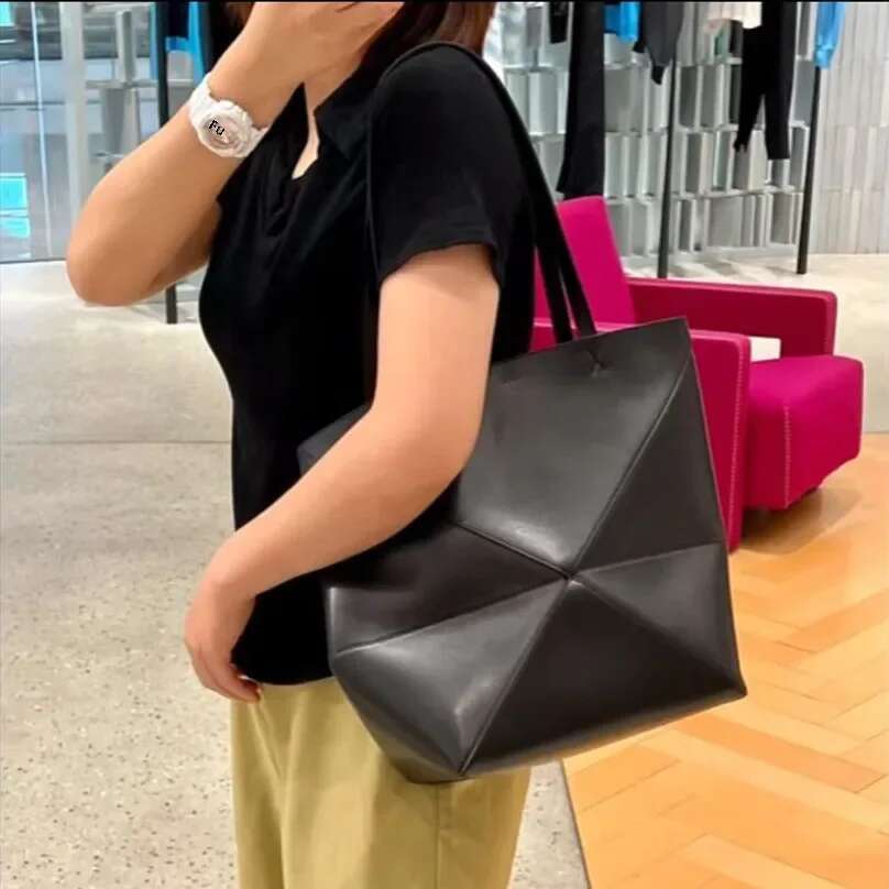New Large Capacity Foldable Geometric Tote Genuine Cow Leather Puzzlefold Handbag Bucket Bag For Women