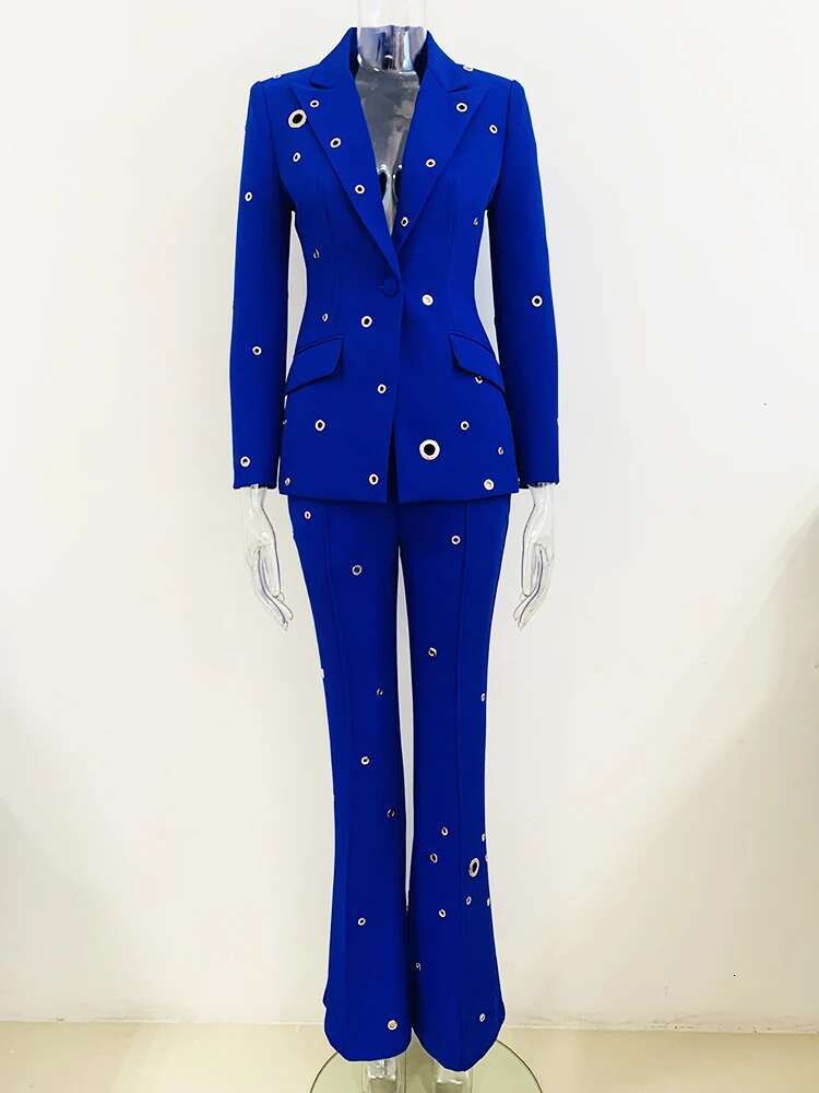 HIGH STREET 2024 FW Designer Fashion Runway Suit Stylish Rivet Metal Holes Slim Fit Blazer Flare Pants 2Pcs Set