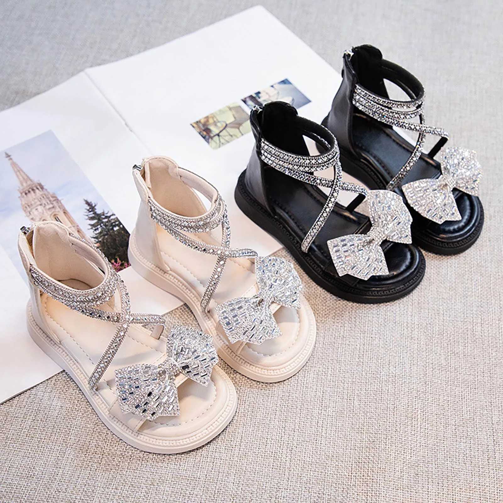 Summer new rubber sole lightweight breathable rhinestone bow girl beach sandals girl dress sandals size 12T250315