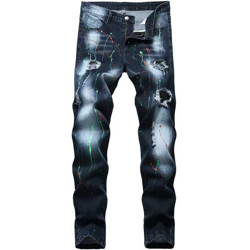 High Quality Men Casual Black Jeans Paint Slim Straight Hole Biker Jeans Autumn Jean Homme Male Denim Pants Plus SizeT250315