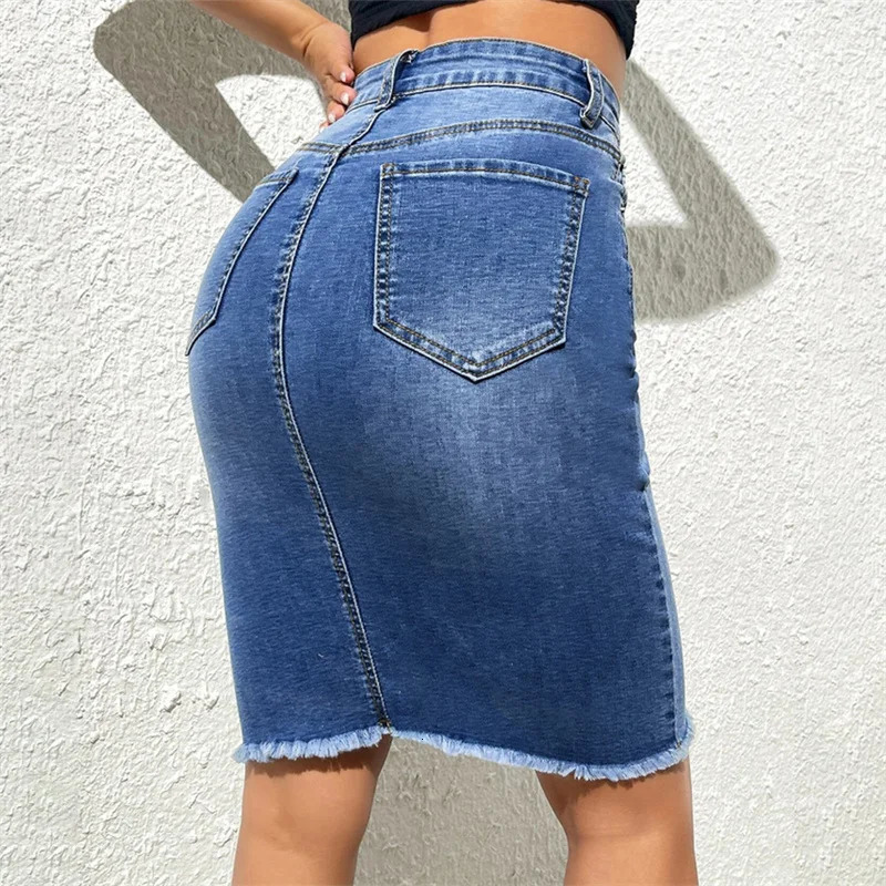 Fashion High Waist Denim Skirt Women Tassel Decoration Hem Wrap Hip Half-body Dress Female Summer Daily Casual Trend Streetwear 250311