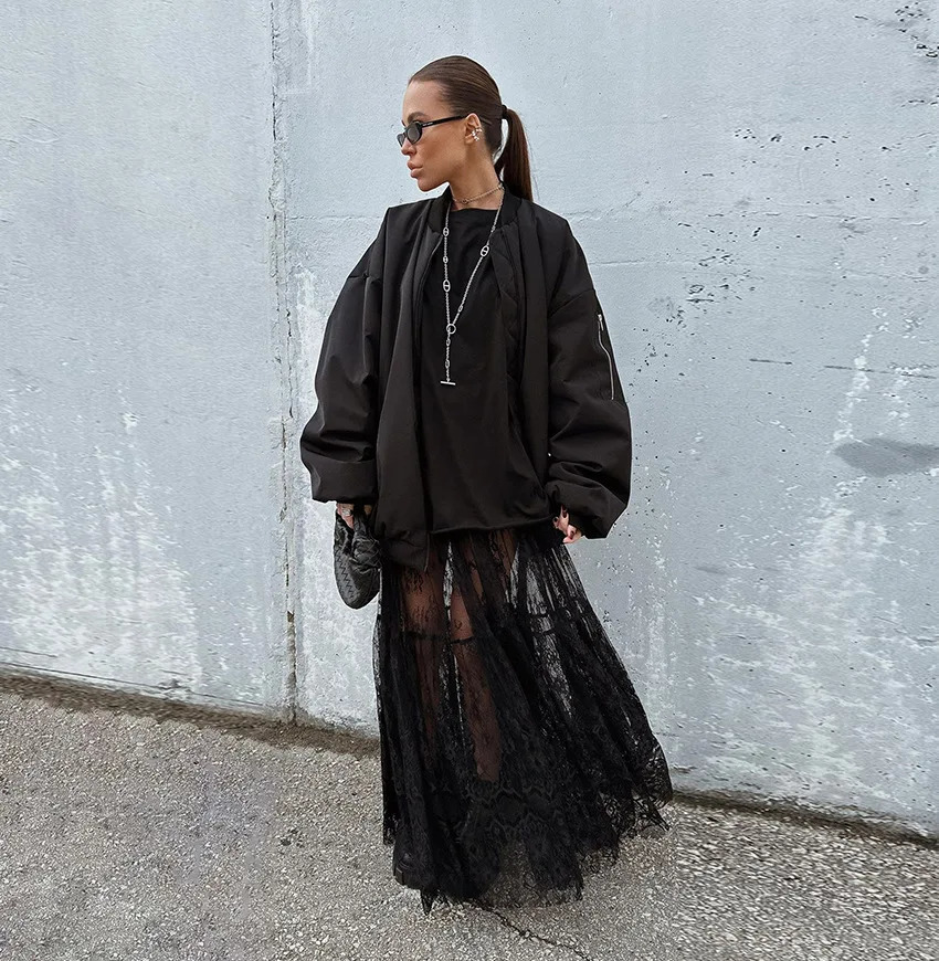Sexy Lace Dark Perspective High Waist Skirt European Summer Fashion Mesh Long Streetwear Loose Oversize 250310