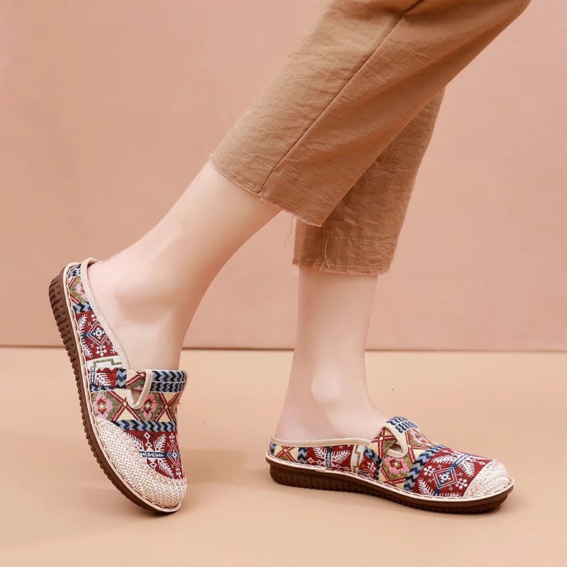 Fashion Womens Shoes Ethnic Style Embroidered Linen Breathable Outdoor Casual Slippers Shoes for Women 250314