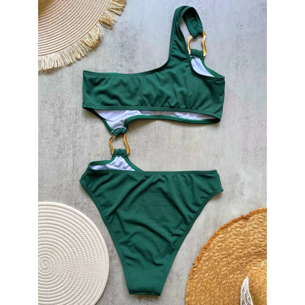 Women's one-piece swimsuit with cutting ring on the front, high waist, shameless, monokini, asymmetrical off shoulder, ribbed design