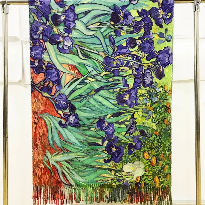 French Irises Print cashmere scarf womens Van Gogh oil painting Pashmina Shawl winter Stole Plus size 200cm 250314