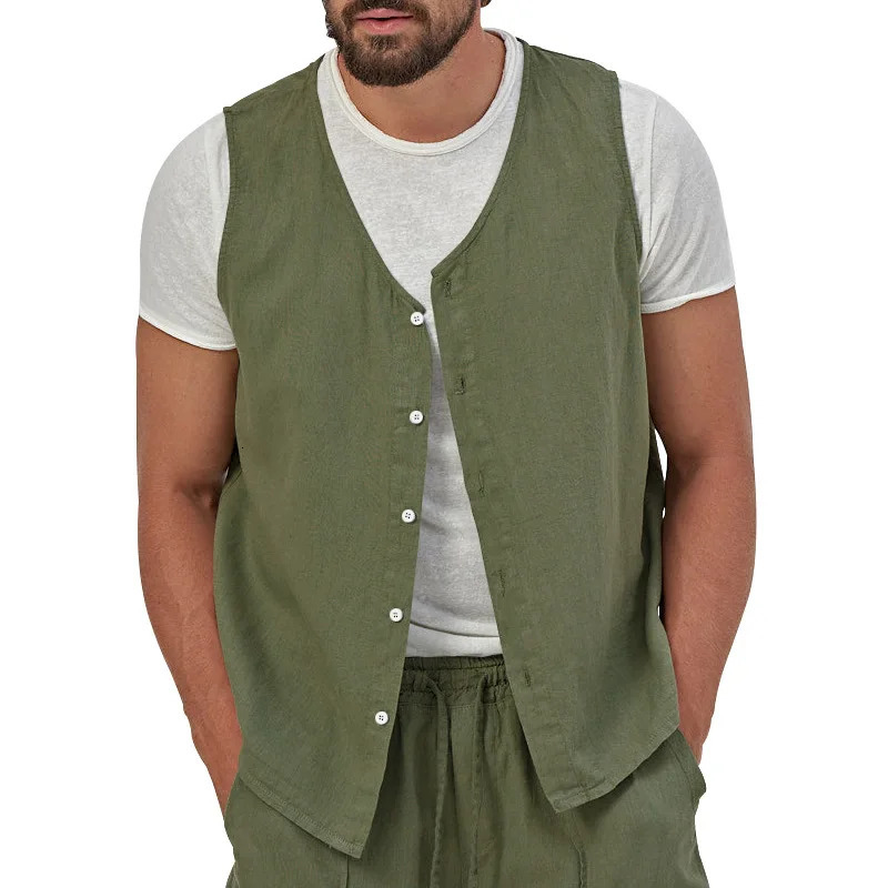 Mens Spring and Summer Thin Single Breasted Casual Solid Color Cotton Linen Youth Sleeveless Vest Coat 250310