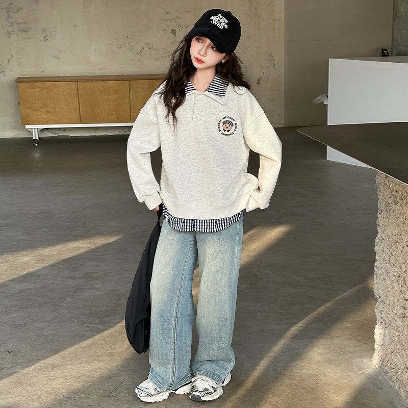 Ddmyshoesvip Women Treasure Korean Version Loose Collared Sweatshirt Mid Size Children Spring And Autumn New Style Color Fashion Western Style Long Sl