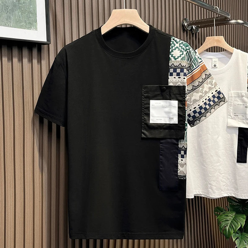 Mens fashion printed patch work pocket short sleeved T-shirt summer casual round neck ultra-thin cotton bottom top Ropa Hombre 250314