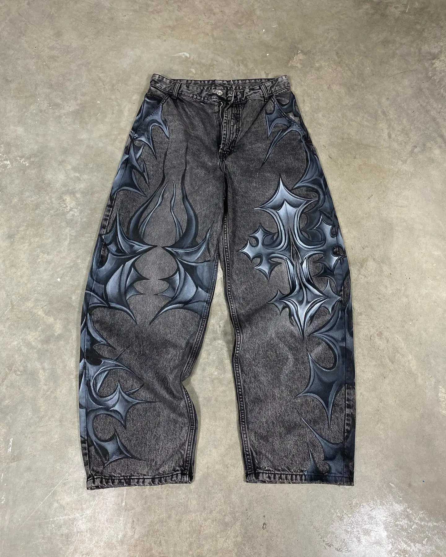Y2K high street jeans mens retro washed oversized printed Harajuku pants couple American street casual trendy uniform unisexT250319
