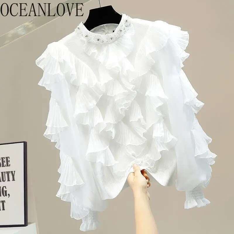 OCEANLOVE Lantern Sleeve Blouses Women Tops Ruffles Beading Autumn Winter Knitted Solid Blusas Mujer Korean Fashion Shirts
