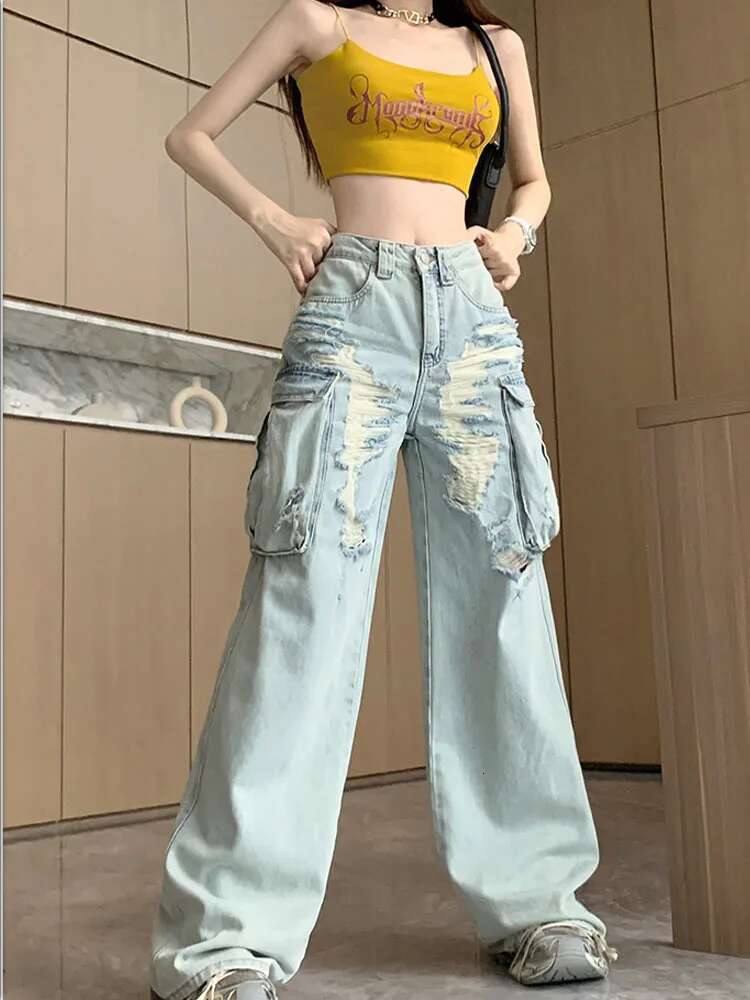 American Blue Hole Denim 2024 Summer Women's Street Retro Low Waist Jeans Spicy Girl Wide Leg Pants Loose Long Pant