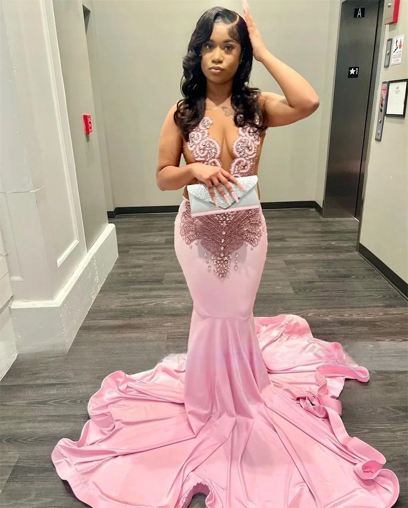 Charming Transparent Pink Mermaid Prom Dresses 2025 Beaded Diamonds Crystal Birthday Dress Black Girls Graduation Gown Sexy Pageant Party Wear