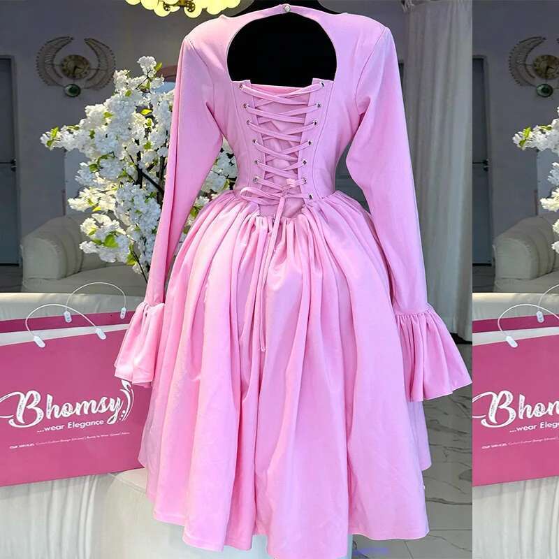 Women's 2024 Autumn New Style Elegant Round Neck Long Sleeve Strap High Waist A-E Dress