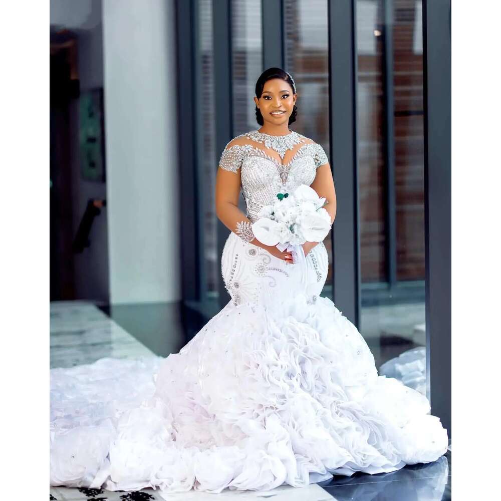 Custom Arabic aso ebi plus size bright crystals beads mermaid dress long sleeves cascading ruffles wedding dresses