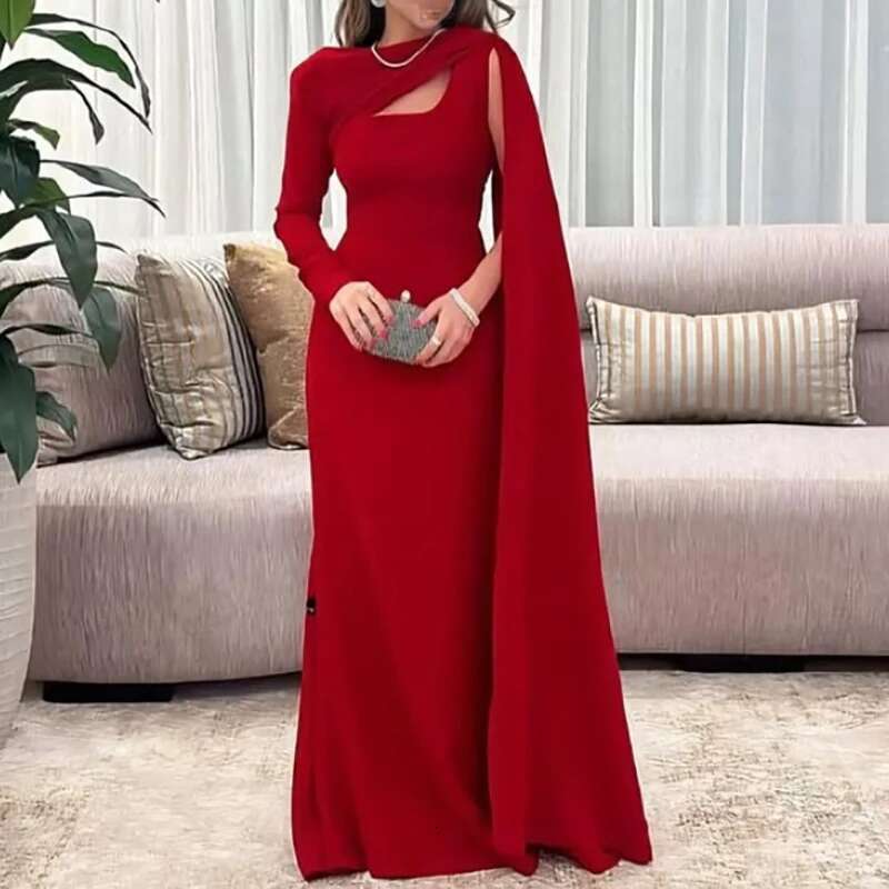 Sexy Asymmetric Hollow Out Party Women New Ribbon Evening Elegant Long Sleeve Full Length Gala Dress