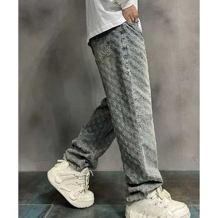 American Style Vintage Mens Jeans Loose Fit Full Printed Design Sensible Niche Straight Leg Pants New Spring Autumn Trendy BranT250315