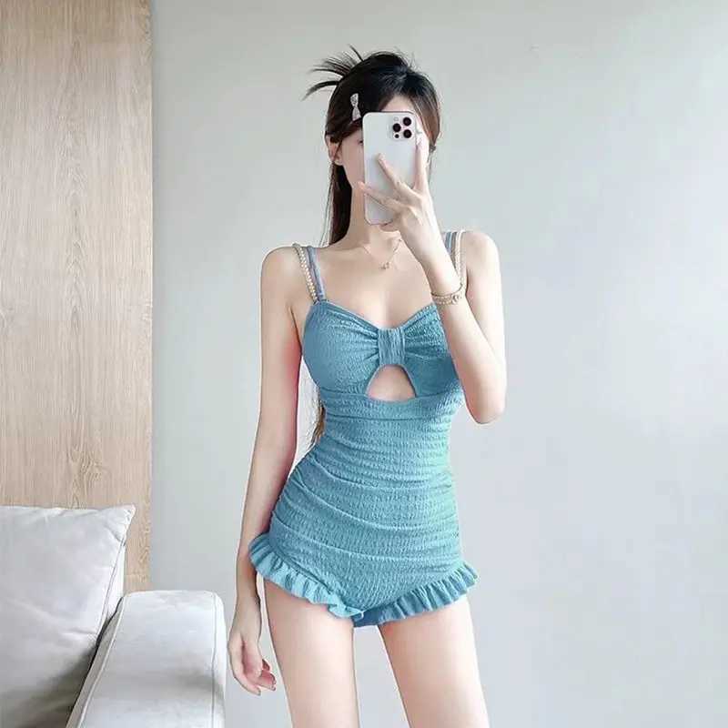 New One-piece Swimsuit Fairy Beach Ins Ears Pearl Suspender Hollow Bow Dopamine Vacation Hot SpringXJ250315
