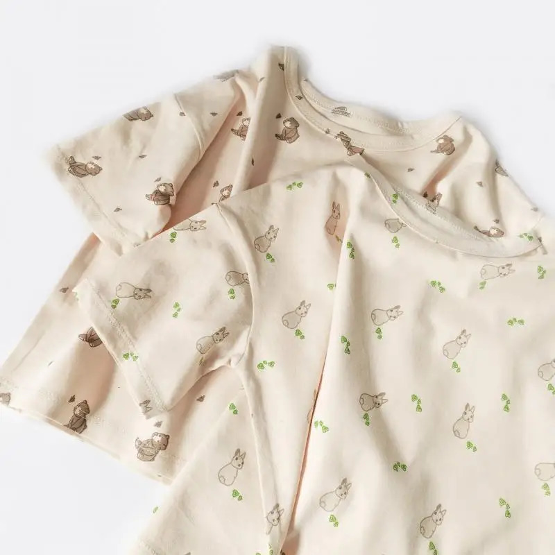 Childrens Cute Cartoon Printed Baby Pajama Set Korean Simple Neutral Summer Girls Pajama 250314