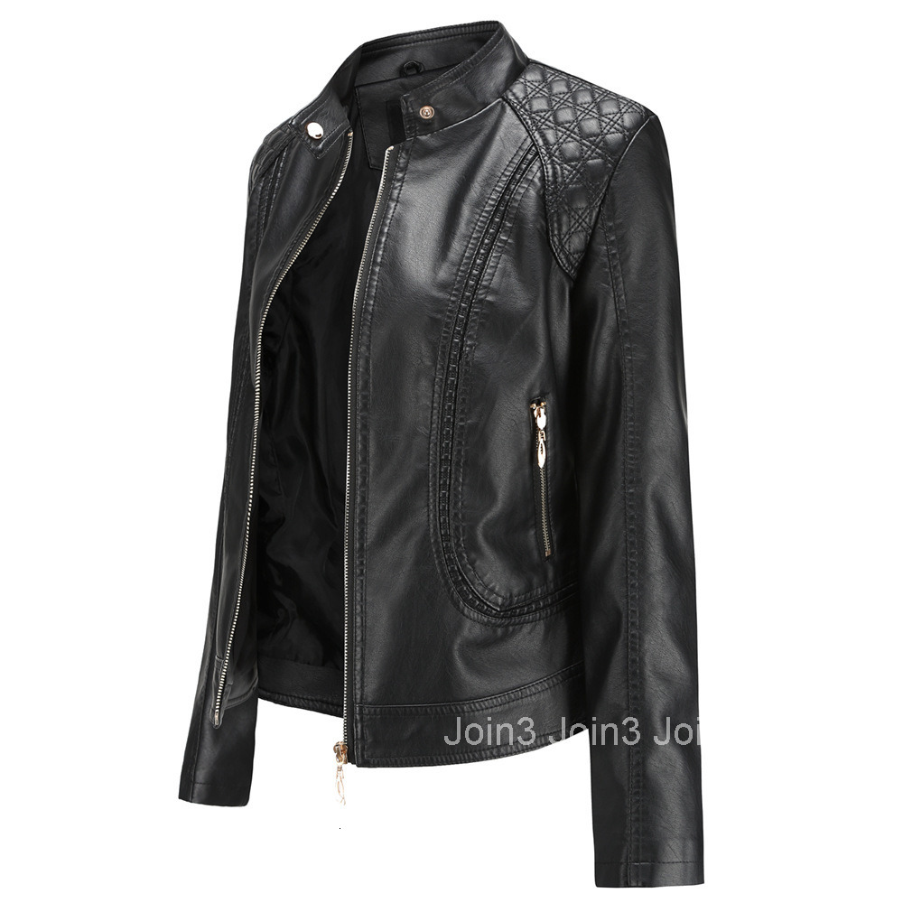 Fashion New Spring and Autumn Womens Leather Jacket Womens Temperament Large Stand Collar Pu Leather Womens Leather Jacket Womens Leather Coat