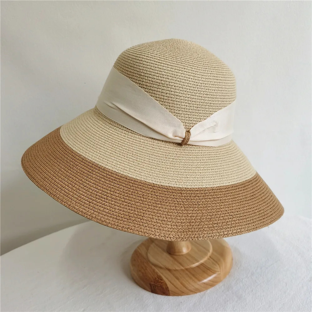 Classic wide Brim womens sun hat black ribbon with summer straw hat rotating Brim church hat set holiday derby hat 250314