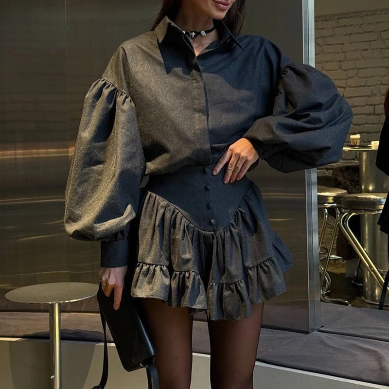 Casual collar button down shirt commuting set elegant pleated mini leather jacket spring plain weave loose womens 2piece 250312