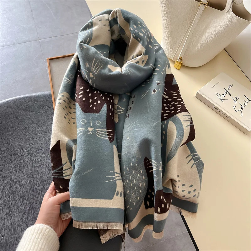 Cute Kitten Cashmere Feel Winter Scarf Pashmina Shawl Windproof and Warm Womens Scarf Raincoat 250314