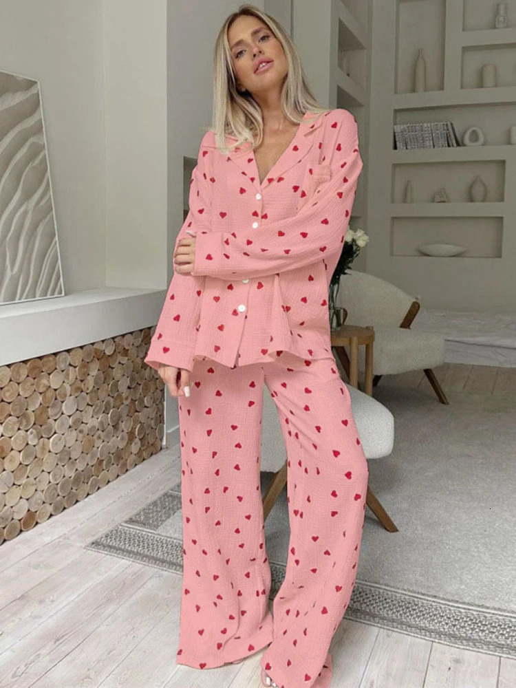 Womens twopiece set of pure cotton collar printed heartshaped full sleeved shirt loose waist pants womens spring pajamas 250313