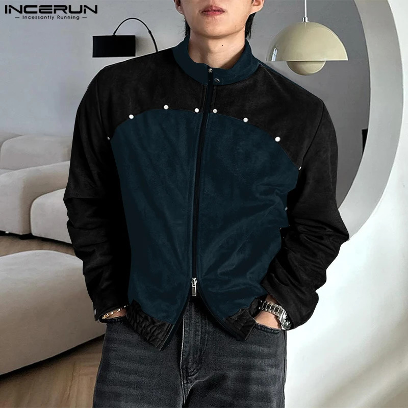 INCERUN Mens Colorblock Simple Jackets Casual Hammer n Coats Stand Collar Harajuku Long Sleeve Waistcoat 250313