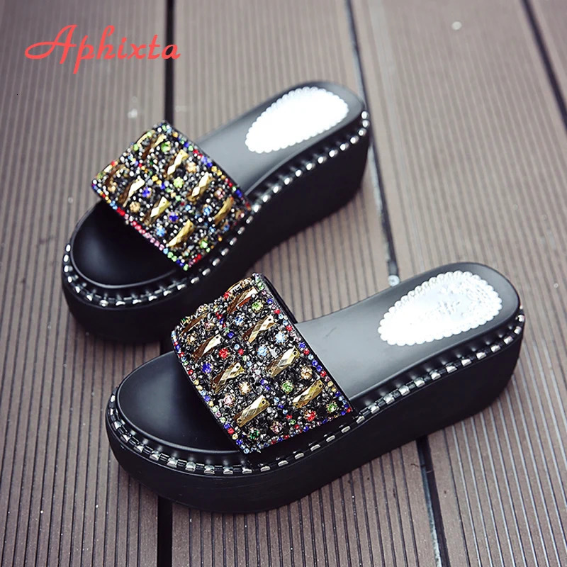 Aphixta Platform Rhinestone Sandals Slippers Women Gemstone Slides Women Shoes Wedge Slippers String Bead Beach Slides Shoes 250314