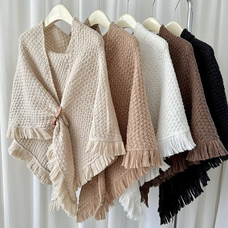 Autumn and winter warm leather buckle cape knitted cape Korean version of the fashion triangle network red buckle scarf 250314
