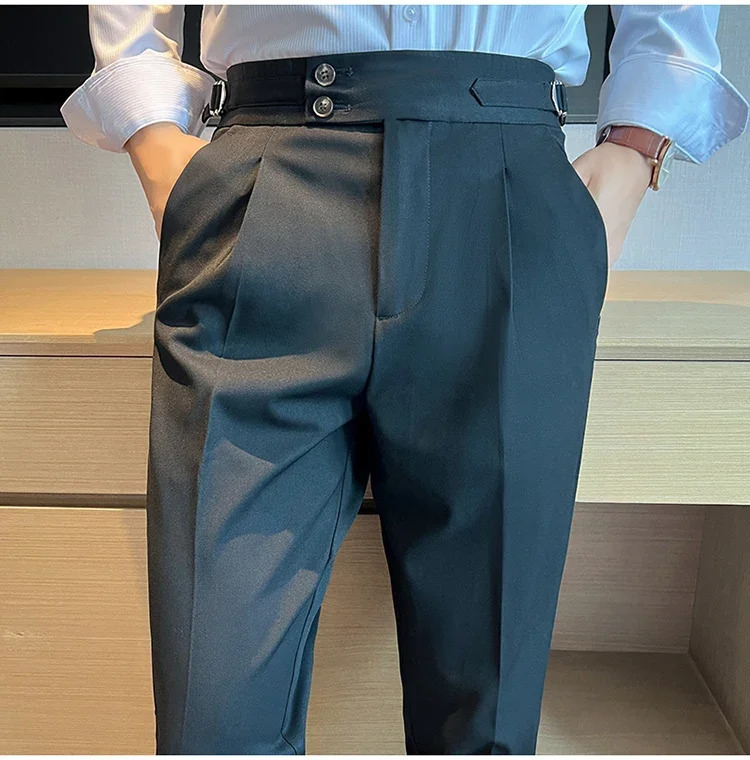 High quality Naples mens suit pants ultrathin fit casual Trouser blue retro high waisted dress pantalon Homme Luxe 250313