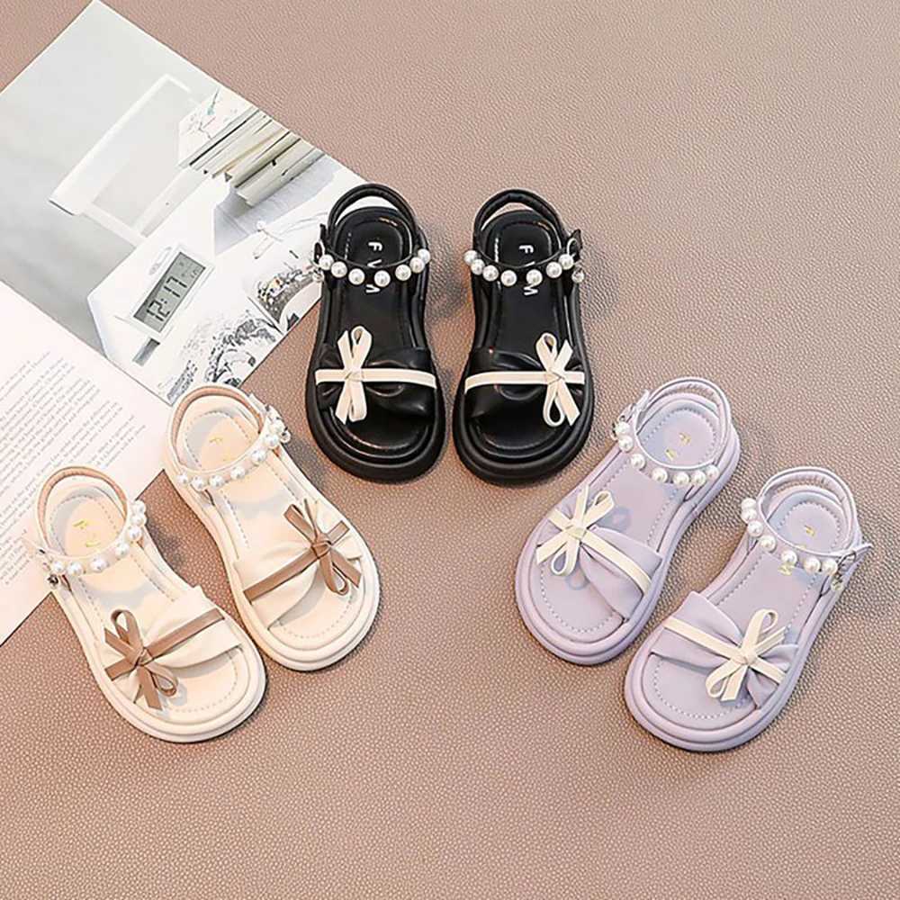 Summer Princess Girls Sandals Korean Style Pearl Bow Childrens Party Shoes Soft Waterproof Beach SandalsT250315