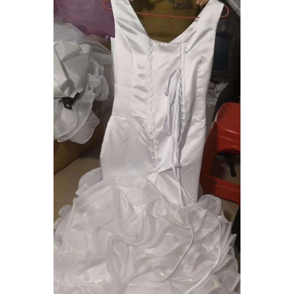Custom bright v neckline crystals mermaid dresses organza pleated cascading ruffles wedding dress